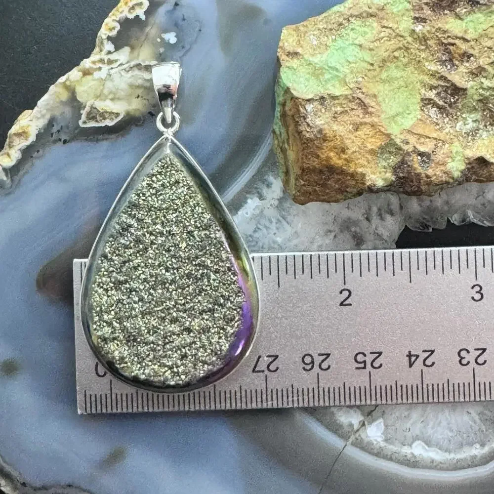 Sterling Silver Large Teardrop Druzy Quartz Double Sided Fashion Pendant